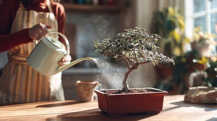 Person watering a bonsai tree indoors.