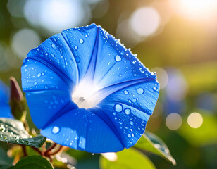Close up of a brilliant blue morning glory with water droplets clinging to its petals, basking in the glow of sunlight.