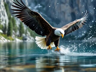 Fototapeta premium Majestic eagle snatching a fish from a river with strong talons and dramatic splashes, perfect for wildlife imagery, animal behavior studies, and nature storytelling