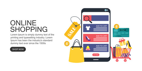 Online shopping concept on the mobile app, digital store and e-commerce with icons