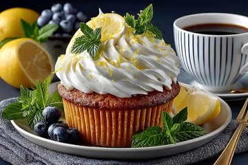 Delicious lemon cupcake with fluffy topping high resolution picture
