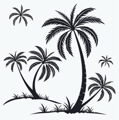 Vector  silhouette illustration of several palm trees of varying sizes with grass on a white background scene