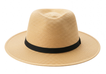 Stylish light brown woven straw fedora hat with black ribbon band isolated on white perfect for summer fashion isolated on transparent background