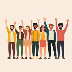 Fototapeta premium Vector illustration of diverse young adults standing in a line and waving their hands. Isolated on background