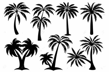 Obraz premium Vector silhouette of several palm trees of varying sizes against a white background in a simple illustration