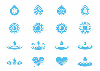 Vector  collection of blue water drop icons with various designs and ripple effects on a white background art