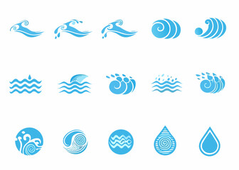 Vector  collection of various blue water themed icons including raindrops waves and abstract water designs displayed