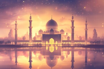 Naklejka premium Majestic Mosque Sunset Reflection Peaceful Serenity