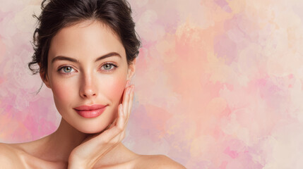 Naklejka premium Young woman with clear skin and natural makeup gently touching her face with soft smile and bright eyes on pastel pink background