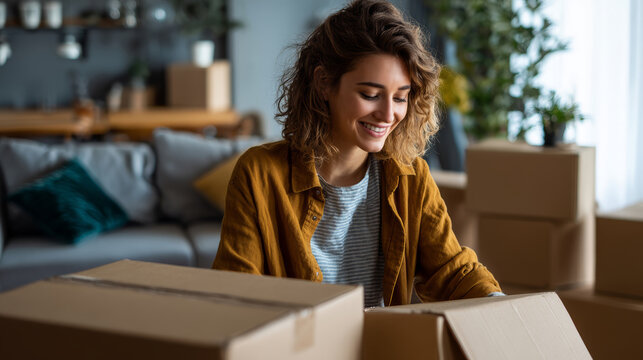 Young woman smiling while unpacking cardboard box in cozy living room with sofa and plants, happy and relaxed atmosphere