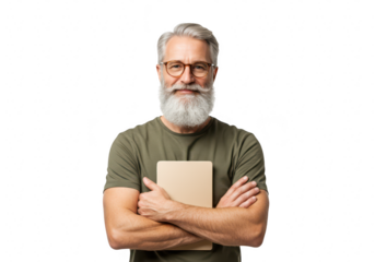Smiling senior man with gray beard and glasses holding a tablet with arms crossed on a transparent background