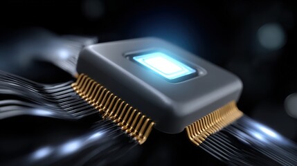 Robo-advisor and financial inclusion, A glowing microchip with gold pins connected to flexible black circuits in a dark, high-tech environment.