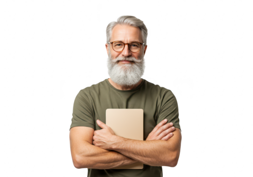 Smiling senior man with gray beard and glasses holding a tablet with arms crossed on a transparent background