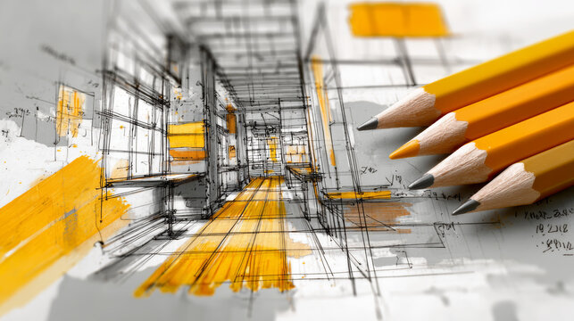 Architectural sketch with yellow pencil drawing, creative interior design concept, modern building plan, workspace illustration, artistic