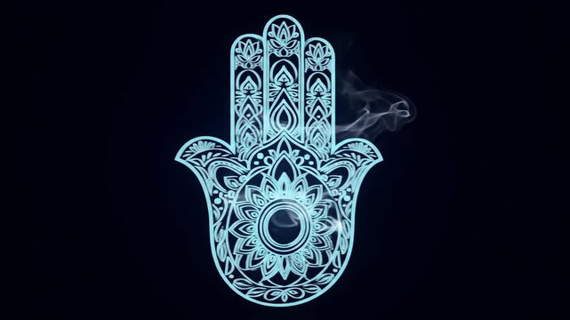 Mystical Hamsa Hand with Smoke - An intricately detailed Hamsa hand, glowing light blue, is centered against a dark background with ethereal smoke swirling around it.