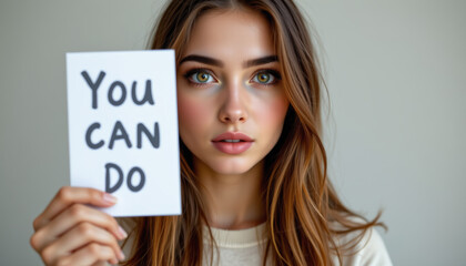 Young woman with long hair holding motivational card with You Can Do text, inspiring confidence and determination in neutral background