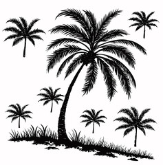 Vector  silhouette of palm trees with grass on a white background showing a tropical island scene and vacation vibes