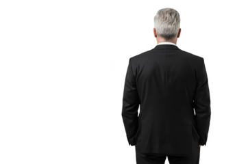 Back view of a distinguished businessman in a black suit with gray hair facing forward on a transparent background