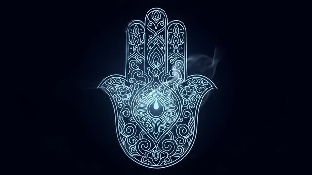 Mystical Hamsa Hand in Smoke - An intricately designed Hamsa hand, glowing faintly blue, is centered against a dark background with wisps of ethereal smoke swirling around it.