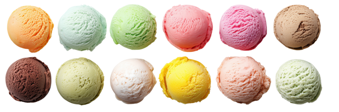 Collection of twelve colorful ice cream scoops in a grid isolated on a transparent background dessert