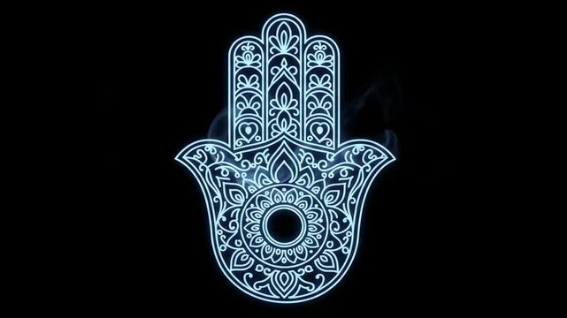 Glowing Hamsa Hand with Smoke - An ornate Hamsa hand glows brightly against a black background, with wisps of ethereal blue smoke swirling around it.
