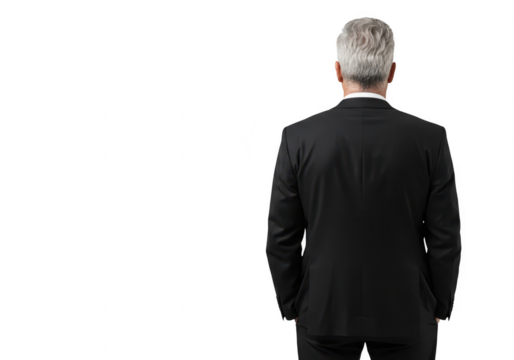 Back view of a distinguished businessman in a black suit with gray hair facing forward on a transparent background - Powered by Adobe