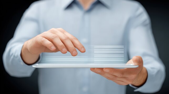 Robo-advisor and financial inclusion, A person in a blue shirt holding a digital tablet with a holographic stack of transparent cards or data floating above it.