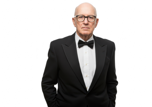 Distinguished senior man in tuxedo and bow tie with glasses posing confidently against a transparent background - Powered by Adobe