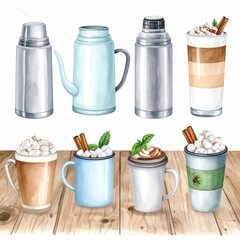 Variety of hot beverages displayed on a wooden table featuring thermoses, mugs, and dessert toppings