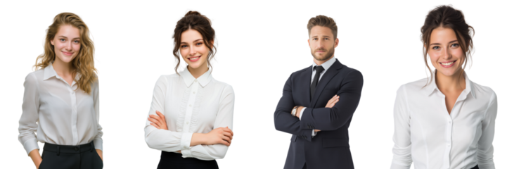 Four diverse business professionals in formal attire posing confidently isolated on a transparent background