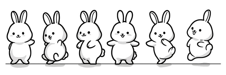 Obraz premium Six cute white cartoon bunnies in various poses isolated on a transparent background bunny rabbit