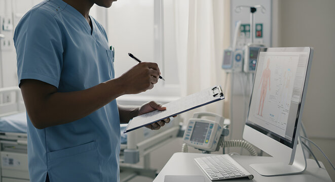 Nurse documenting patient information in a hospital