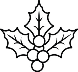 Holly leaves and berries line art vector illustration