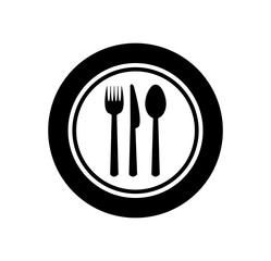 Vector illustration of plate with fork, knife and spoon icon on white background.