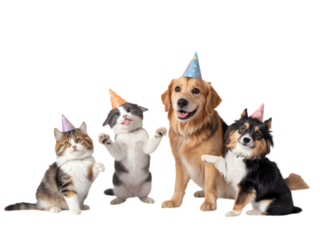 Four pets wearing party hats celebrating isolated on a transparent background cats dogs
