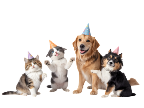 Four pets wearing party hats celebrating isolated on a transparent background cats dogs