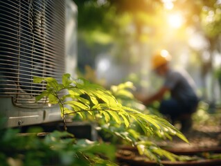 Air Conditioning Unit and Green Foliage with Blurred Worker
