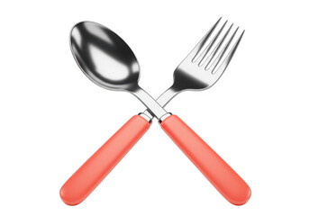 A silver metal spoon and fork with orange handles crossed over each other on a transparent background