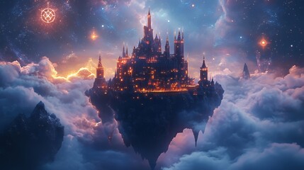 A Celestial Castle Floating Above Clouds In A Starry Night