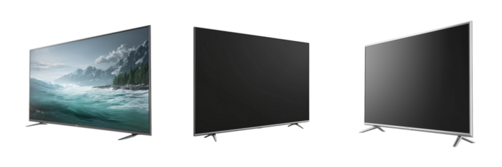 Three modern flat screen televisions with silver frames on black isolated on a transparent background