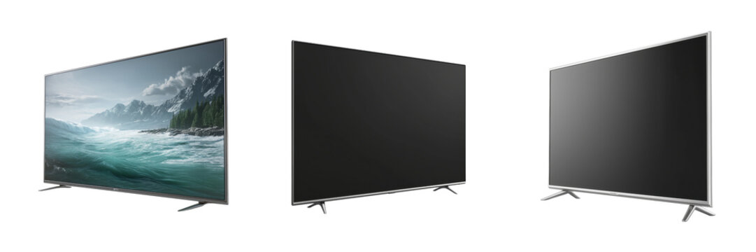 Three modern flat screen televisions with silver frames on black isolated on a transparent background