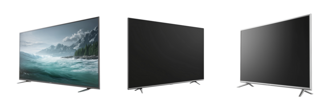 Three modern flat screen televisions with silver frames on black isolated on a transparent background
