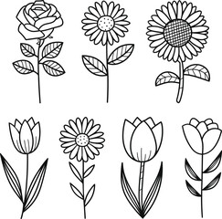 Outlined floral vector set including tulips, sunflowers, daisies, and leafy stems flowers