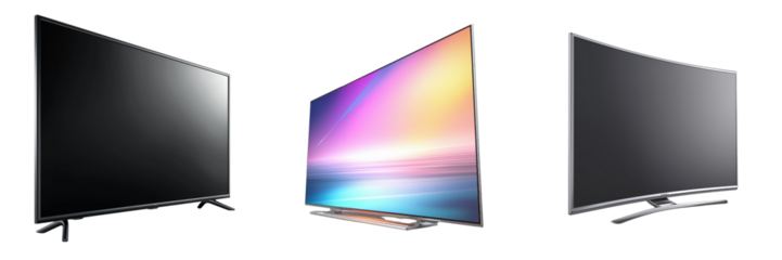 Three modern televisions including a flat screen and curved screen display isolated on a transparent background