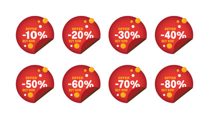 Sale discounts label starting from 10, 20, 30, 40, 50, 60, 70, 80 percent offer buy now Trendy red sales promotion banner element. Vector illustration