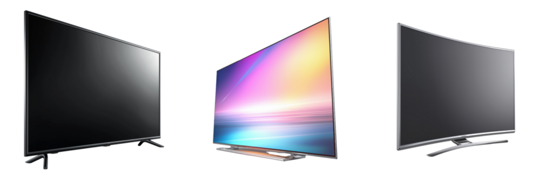 Three modern televisions including a flat screen and curved screen display isolated on a transparent background