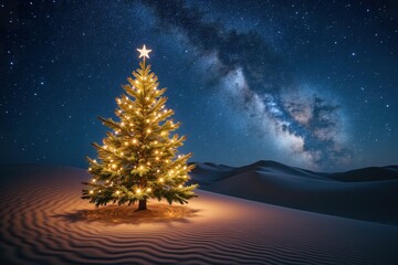 Fototapeta premium a warming Christmas tree at night under a starry sky in a Night sand hills Landscape with the Milky Way photography effect