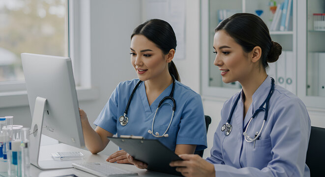 Two female doctors collaborating on a computer in a modern clinic - Powered by Adobe