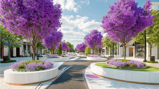 Beautiful street with blooming Jacaranda trees lining the road on a sunny day creating a picturesque urban landscape scene