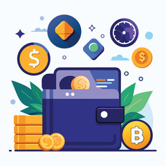 Digital wallet with cryptocurrency coins and financial symbols bitcoin dollar